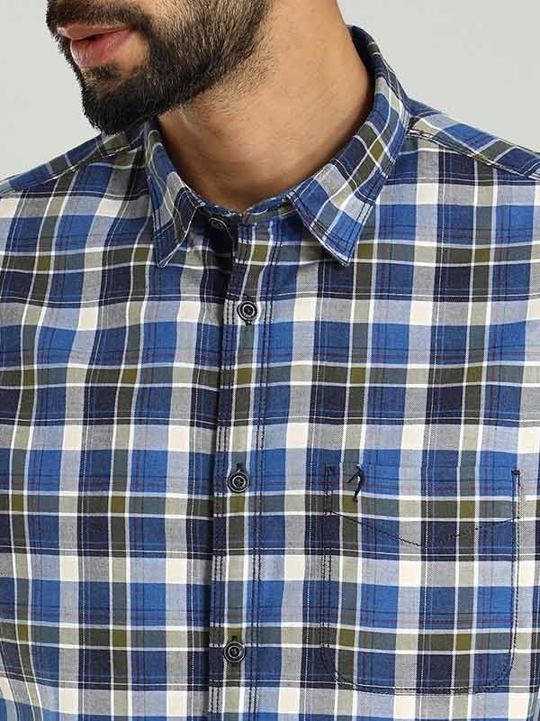 Indian Terrain Men's Regular Fit Full Sleeve Checkered Blue Shirt